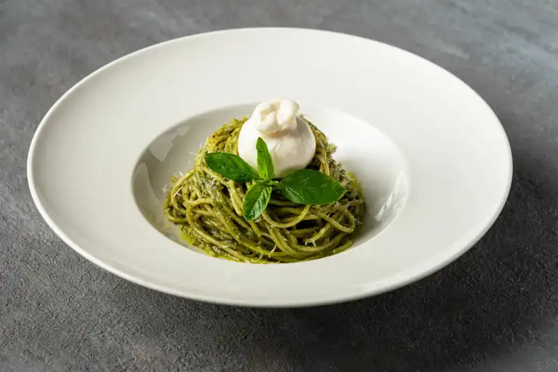 Pesto Burrata Pasta | Best Italian Restaurant Koh Samui Pesto Burrata Pasta with Fresh Basil - Secret Oven Samui.